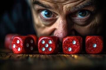 Poster - A person is shown in a close-up view, holding four red dice