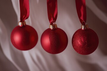 Poster - Three red ornaments hang from a red ribbon, ready for a festive holiday display