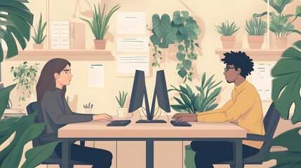 Poster - Two Colleagues Work Together In A Modern Office Space