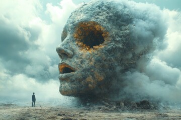 Aufkleber - A person stands in front of a massive stone or concrete head, possibly ancient or mysterious