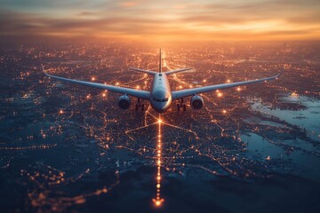 Poster - Airplane soaring above cityscape with vibrant lights and buildings at night
