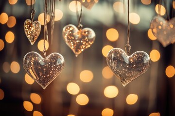 Poster - A collection of glass hearts suspended from strings, creating a visually striking display