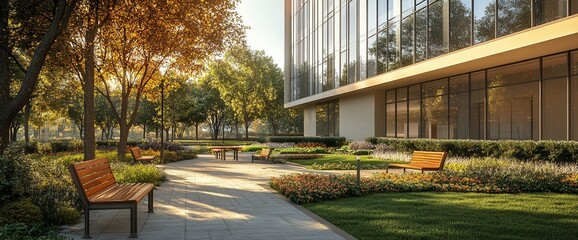 Poster - A serene park with benches, pathways, and vibrant greenery beside a modern building.