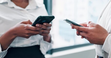 Aufkleber - Business women, hands and phone with data sync, social media and scroll on stock market website. Employees, networking and mobile app of company with investment check and finance research in office