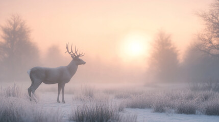 Aufkleber - Majestic deer stands in a misty landscape at dawn, surrounded by frosty grass and a soft orange glow on the horizon