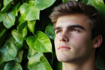 Poster - A young man stands in front of a dense wall of green leaves, possibly in a garden or forest