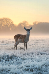 Aufkleber - Fawn standing in a frosty meadow at dawn with a soft golden light illuminating the landscape