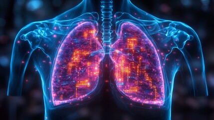 Poster - Digital X-ray representation of a human ribcage with glowing overlays of internal organs