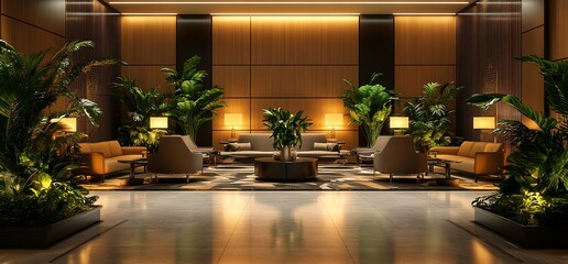 Poster - Elegant lobby with plants and seating for relaxation and socializing.