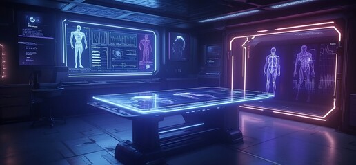 Poster - Futuristic laboratory with holographic displays and a high-tech table for analysis.