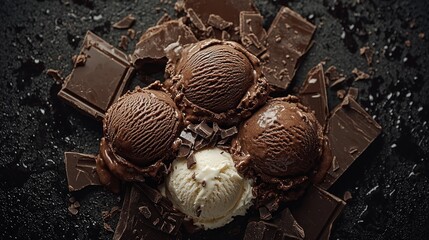 Poster - Rich chocolate ice cream scoops rest on dark chocolate squares, creating a tempting dessert arrangement. The moody lighting enhances the allure of this decadent treat