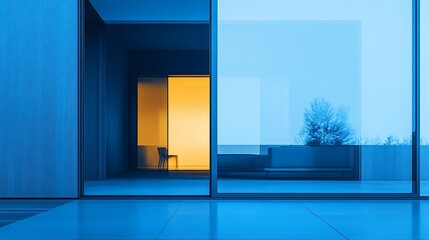 Poster - Modern interior with contrasting warm and cool lighting through glass.