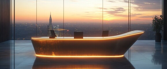 Poster - Modern office reception area with a glowing desk and a city skyline view at sunset.