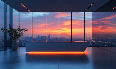 Poster - Modern office interior with a stunning sunset view through large glass windows.