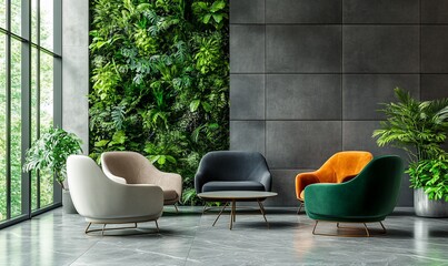 Poster - Modern lounge area with colorful chairs and a vertical garden wall.