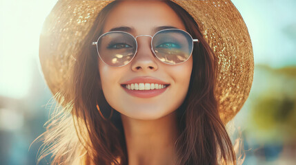 Wall Mural - Young woman with a stylish straw hat and sunglasses enjoying a sunny day, smiling radiantly, representing joy and warmth of summer outdoors