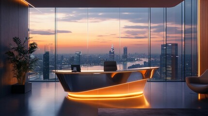Aufkleber - Modern office with a sleek desk and sunset view over a city skyline.