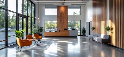 Poster - Modern reception area with seating and a wooden front desk.