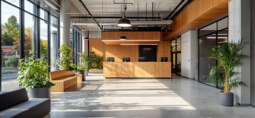 Poster - Modern reception area with wooden accents and greenery.