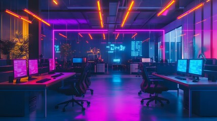 Poster - Neon Lit Modern Tech Office Workspace Design