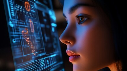 Poster - A close-up of a young woman interacting with a futuristic digital interface.