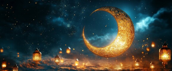 Poster - A decorative crescent moon illuminated by lanterns in a starry night sky.