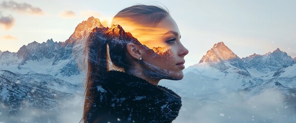Poster - A double exposure image blending a woman's profile with a mountain landscape at sunset.
