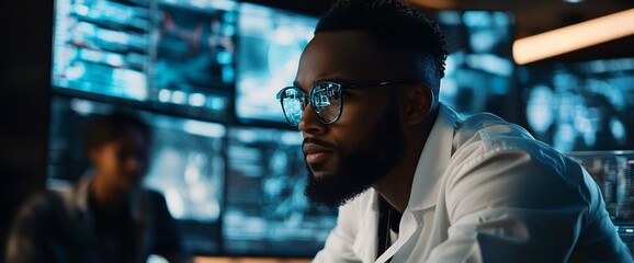 Poster - A focused individual in a lab coat analyzes data on multiple screens.