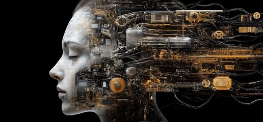 Poster - A futuristic depiction of a human face merging with mechanical elements, symbolizing technology.