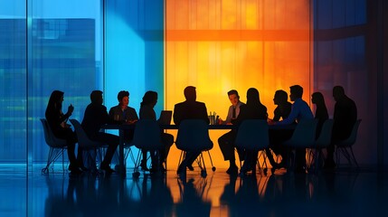 Poster - Silhouetted Businesspeople Meeting Around A Table