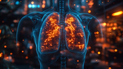 Poster - Human ribcage X-ray with digital overlays highlighting internal structures and activity