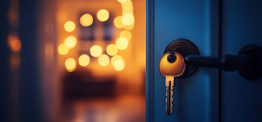 Poster - A key hangs in a door lock, with soft, warm lights glowing in the background.
