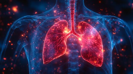 Poster - Futuristic x-ray visualization of the human chest revealing respiratory structures and activity
