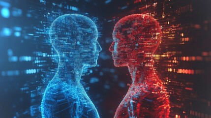 Poster - Digital x-ray representation of two human figures interacting with light patterns