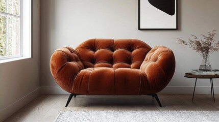 Poster - This inviting armchair in a luxurious mocha color creates a focal point in a stylish living area, bathed in natural light by the large window. Its plush texture invites relaxation, Mocha Mousse