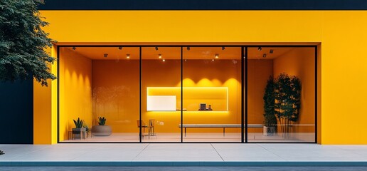 Poster - A modern storefront with bright yellow walls and minimalistic design, showcasing a welcoming space.