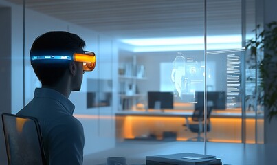 Poster - A person wearing augmented reality glasses interacts with a digital interface in an office.