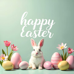Wall Mural - Happy Easter background with a cute white bunny, eggs and flowers on a light green background. Square composition.
