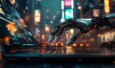 Poster - A robotic hand reaching towards a laptop in a vibrant cityscape at night.