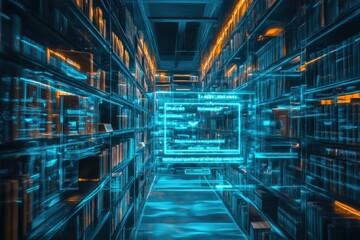 Futuristic library; glowing shelves, digital interface.