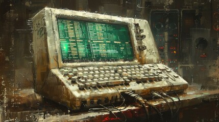 Poster - An old computer terminal with a green screen displaying data, set in a retro environment.
