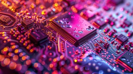 Poster - Close-up of a circuit board with droplets, showcasing electronic components and connections.