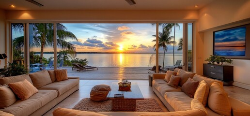 Aufkleber - A serene living room with a stunning sunset view over a beach.