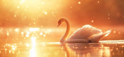Aufkleber - A serene swan gliding on a shimmering lake during sunset, surrounded by golden light.