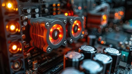 Poster - Close-up of a computer motherboard with illuminated cooling fans and capacitors.