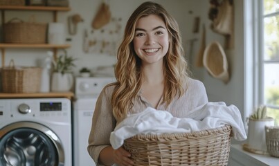 Poster - A smiling woman holds a laundry basket in a cozy home laundry room.