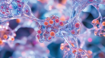 Abstract image; network; glowing spheres; intricate structure.