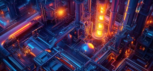 Poster - A vibrant, futuristic industrial scene with glowing pipes and machinery.