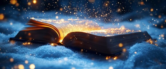 Aufkleber - An illuminated book resting on snow, surrounded by sparkling particles.