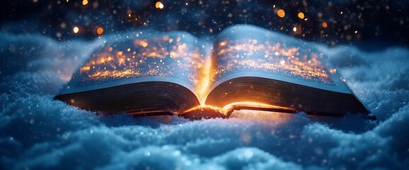 Poster - An open book glowing in the snow, surrounded by a magical atmosphere.